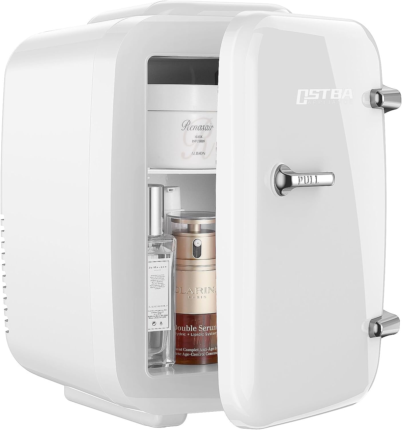 OSTBA APPLIANCE Mini Frigo Portable, 4 Litres /6 Boîtes Boissons  Soin de la peau Mini petit frigo pour Chambre, Voiture, Bureau, Deux Vitesses - Refroidisseur et Réchauffeur (Blanc)           [Classe énergétique E]