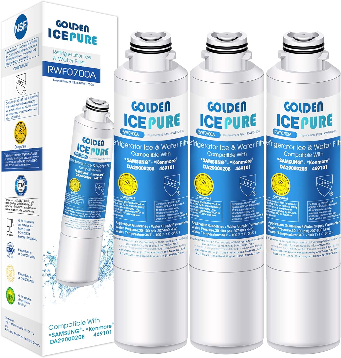 Remplacement du filtre à eau du réfrigérateur pour Samsung DA29-00020B, DA97-08006A-B, EXP HAF-CIN, DA29-00020A, Kenmore 469101 RF28HMEDBSR, RF28HFEDTSR, par GOLDEN ICEPURE (3)(facture disponible)
