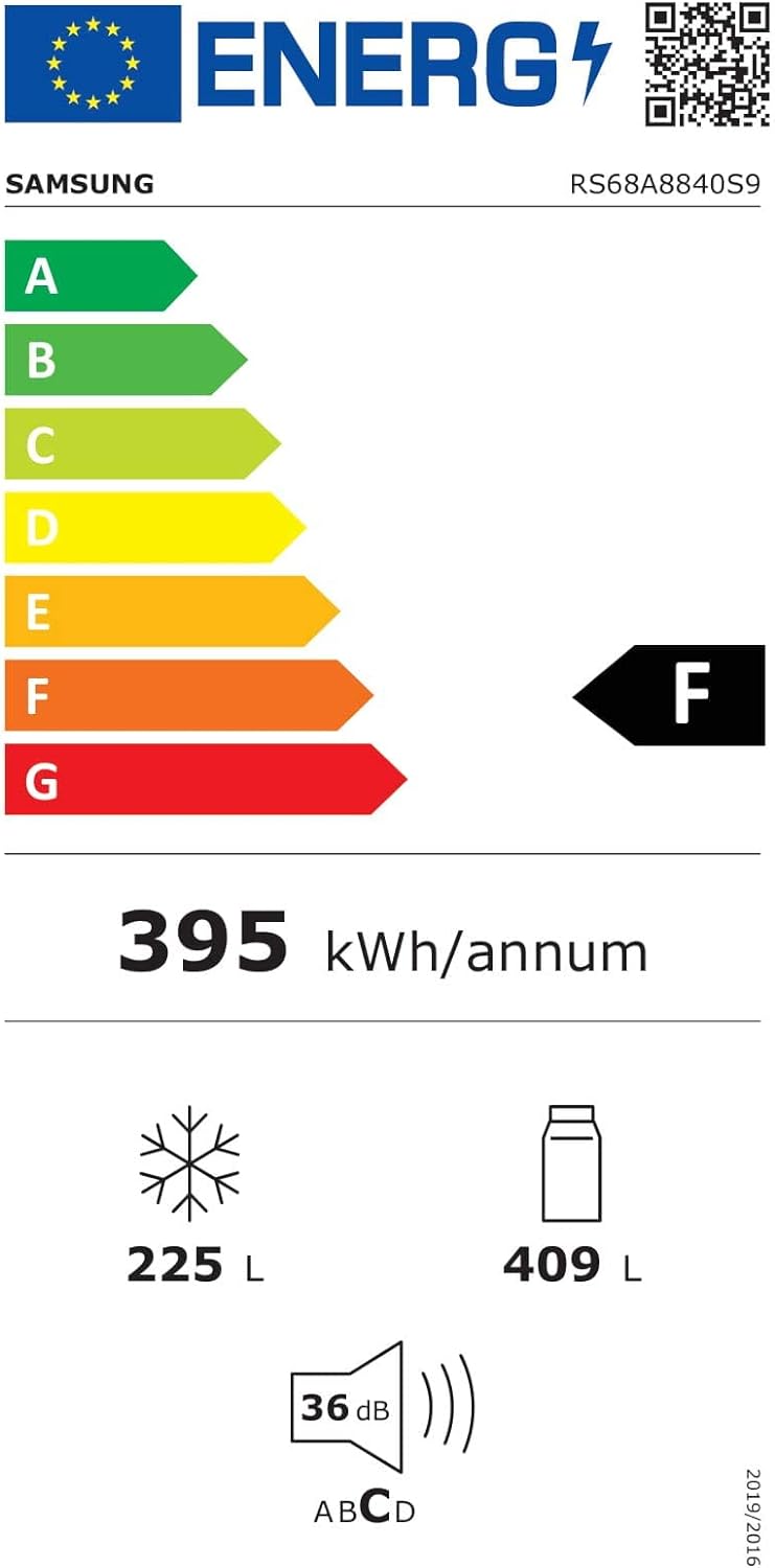 Samsung Réfrigérateur Side by Side RS68A8840S9/EF, Comptoir, No Frost, Twin Cooling Plus™, Distributeur deau, 634L, 91l x 178h x 72p cm           [Classe énergétique F]